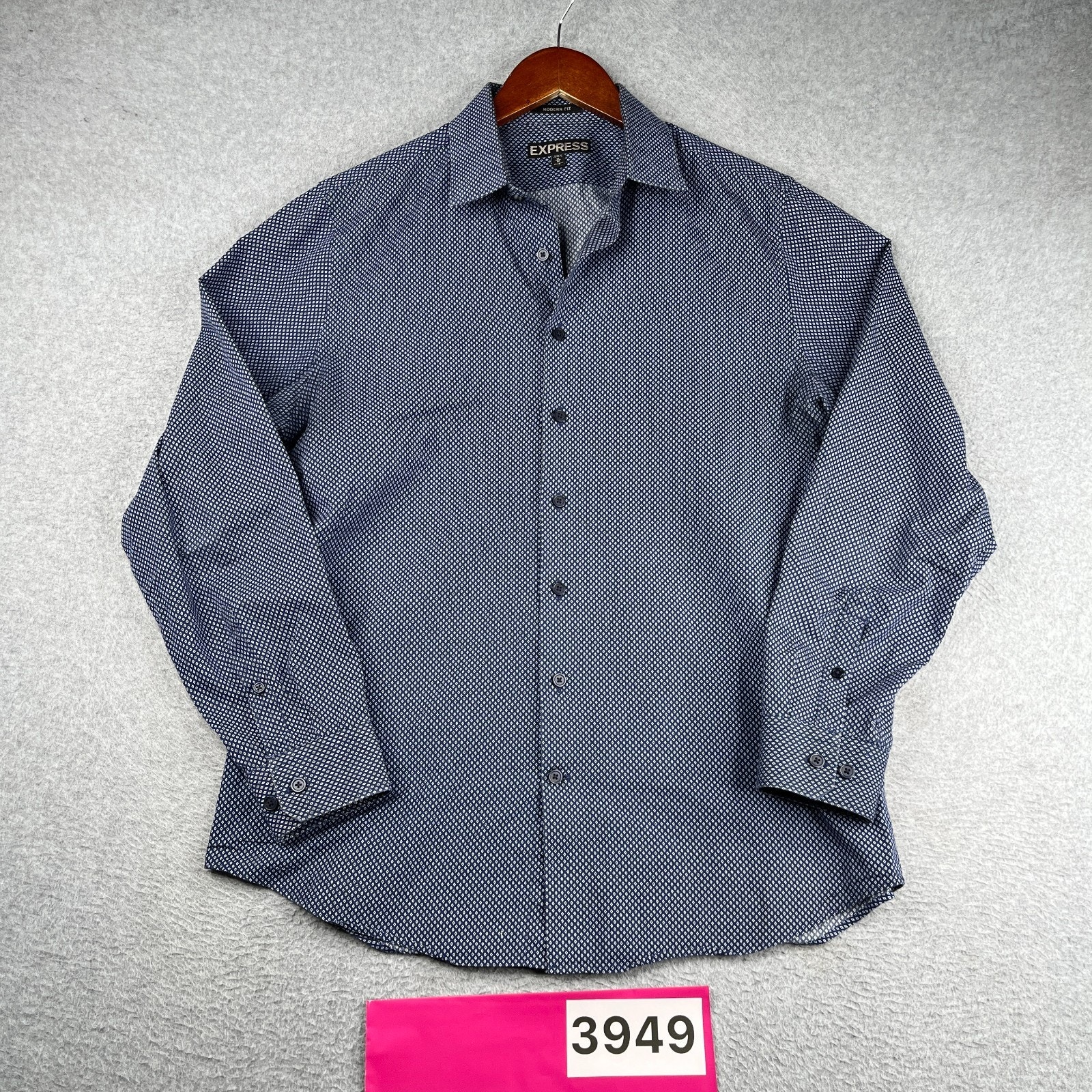 Expres Modern Fit Shirt Navy Blue Geometric Button Up Long Sleeve Mens Medium